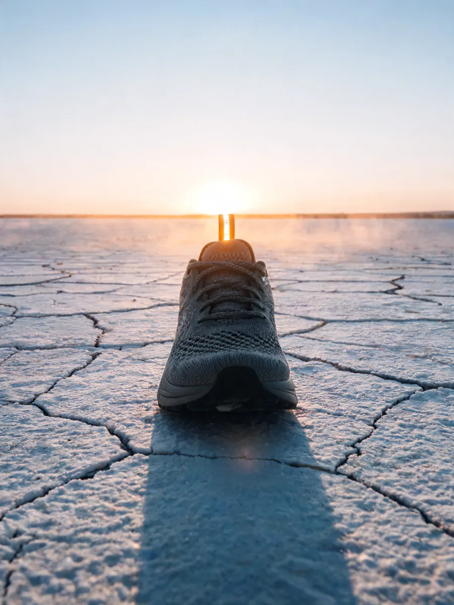 A charcoal running shoe on a cracked salt flat at dawn, lit from behind