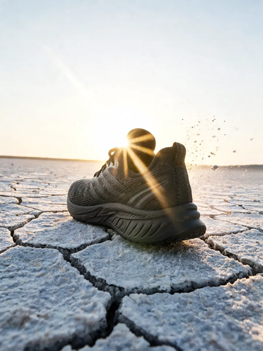 The running shoe from a low three-quarter angle, sun flaring past the heel
