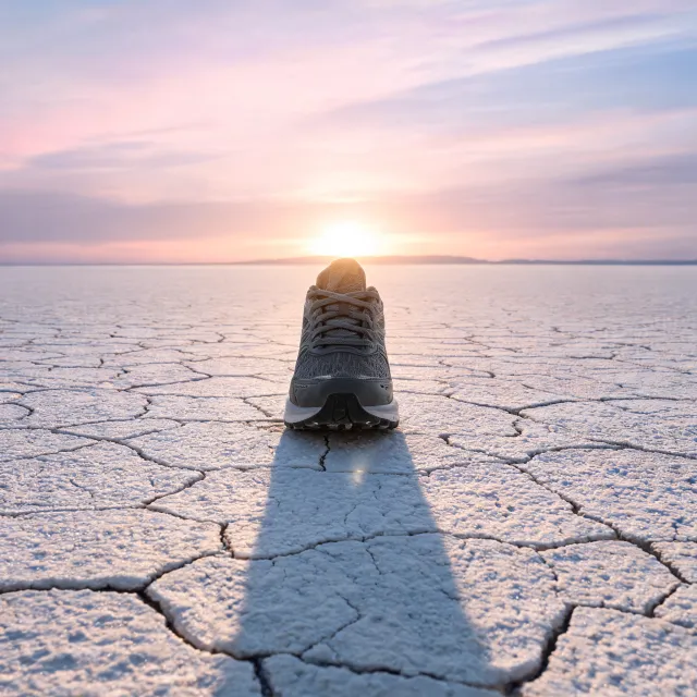A running shoe as a centred product hero on the salt flat