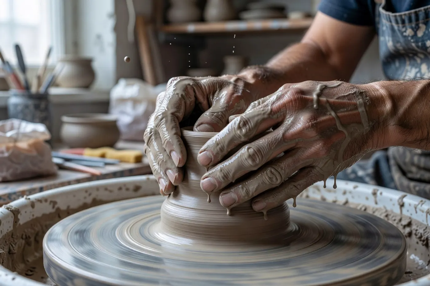 Grok Imagine Image: Close-up of a potter's hands centring wet grey clay on a spinning wheel. Both hands fully in frame, ten fingers, clay slip running over the knuckles. Studio window light from the left.
