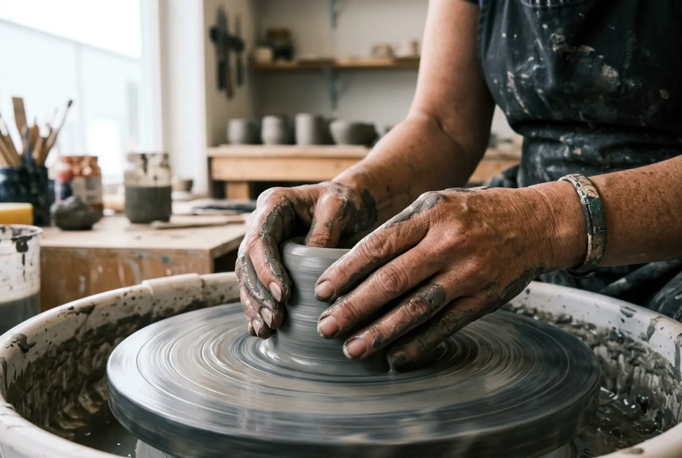 Nano Banana 2: Close-up of a potter's hands centring wet grey clay on a spinning wheel. Both hands fully in frame, ten fingers, clay slip running over the knuckles. Studio window light from the left.