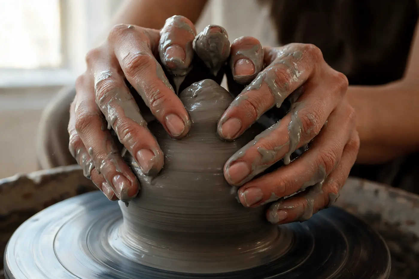 Seedream 5 Lite: Close-up of a potter's hands centring wet grey clay on a spinning wheel. Both hands fully in frame, ten fingers, clay slip running over the knuckles. Studio window light from the left.