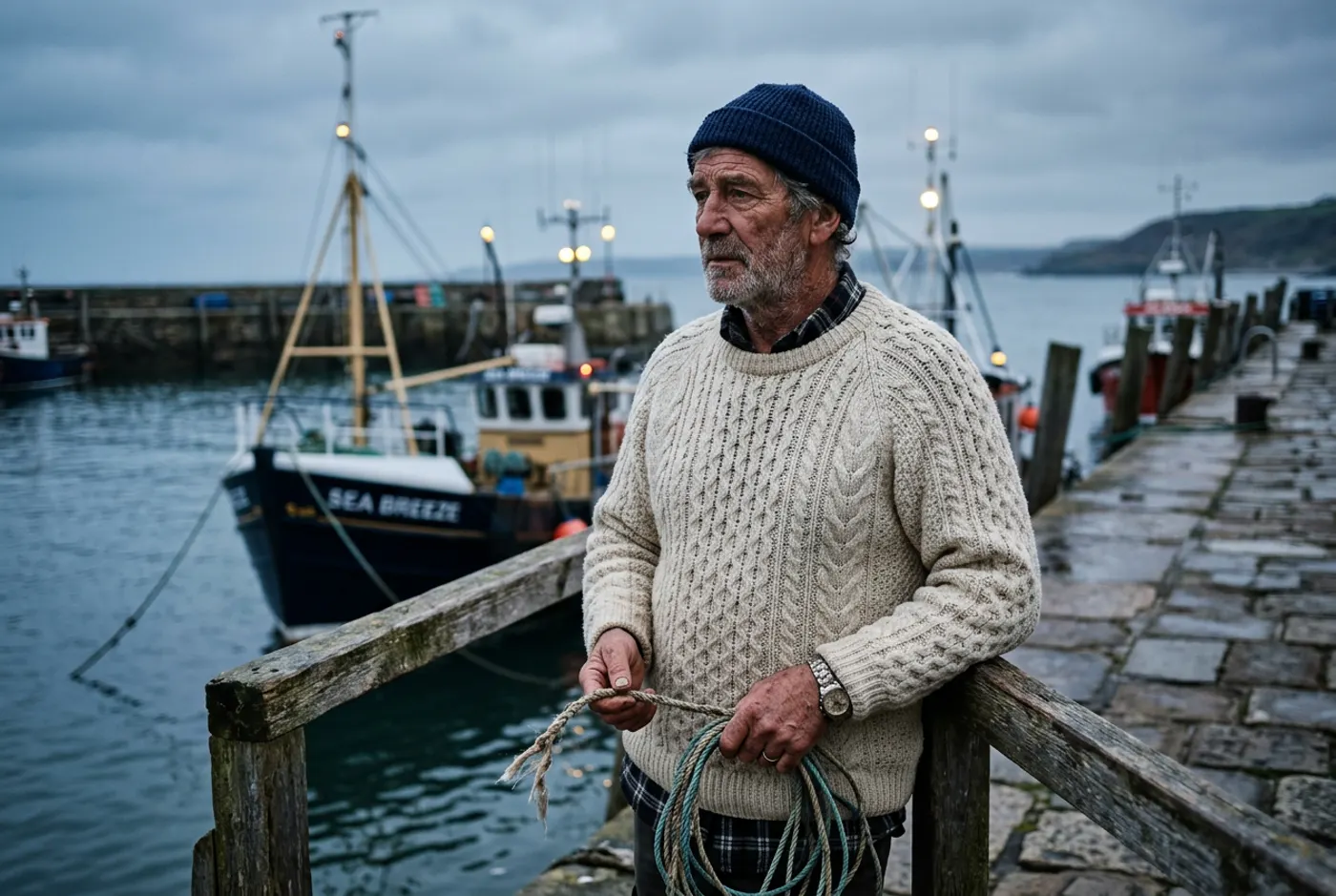 Nano Banana 2: A fisherman in his fifties on a harbour wall at dawn, wearing a thick cream cable-knit wool sweater. Weathered skin, grey stubble, overcast light. Shot on 85mm at f/2.