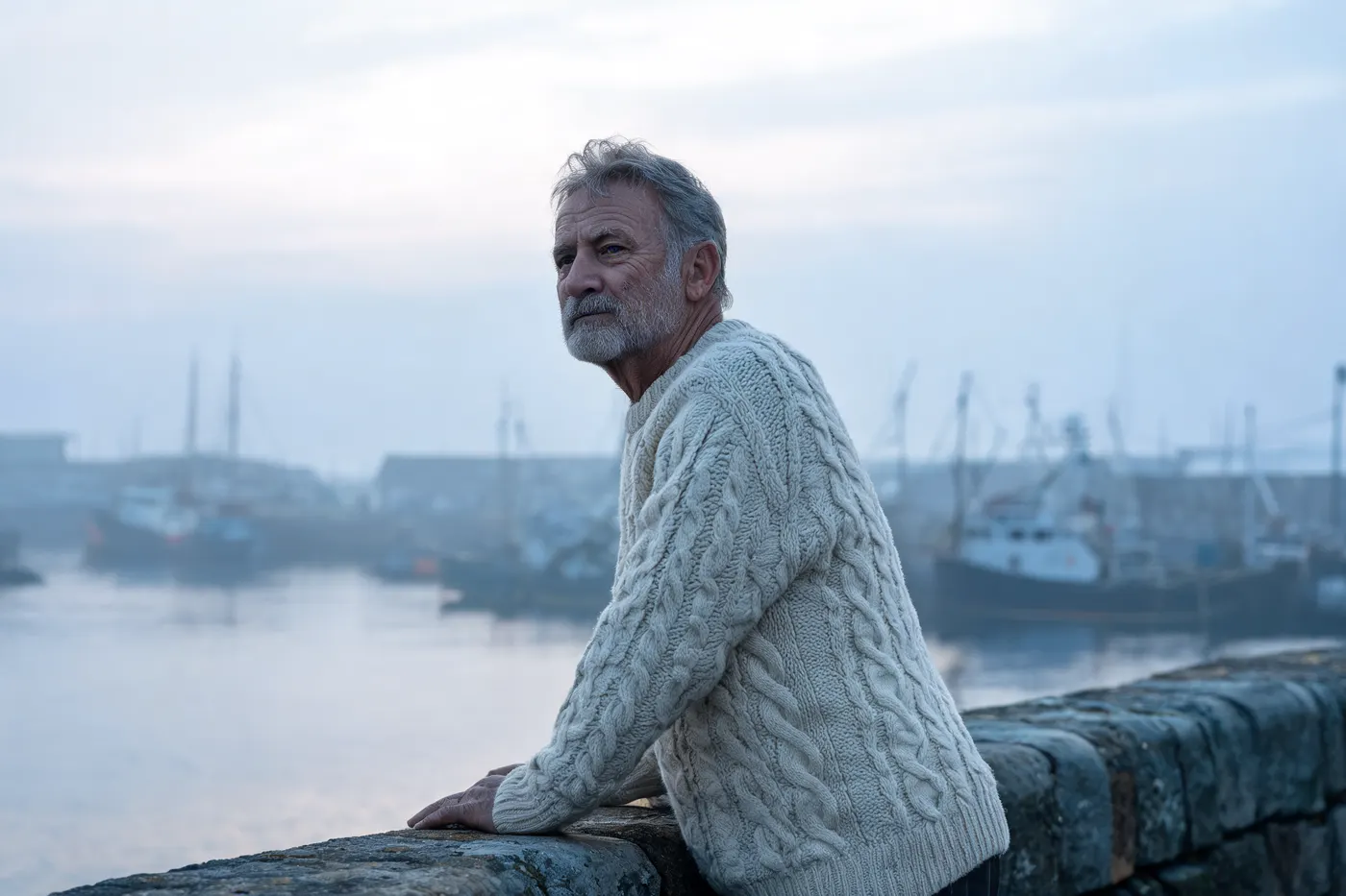 Seedream 5 Lite: A fisherman in his fifties on a harbour wall at dawn, wearing a thick cream cable-knit wool sweater. Weathered skin, grey stubble, overcast light. Shot on 85mm at f/2.