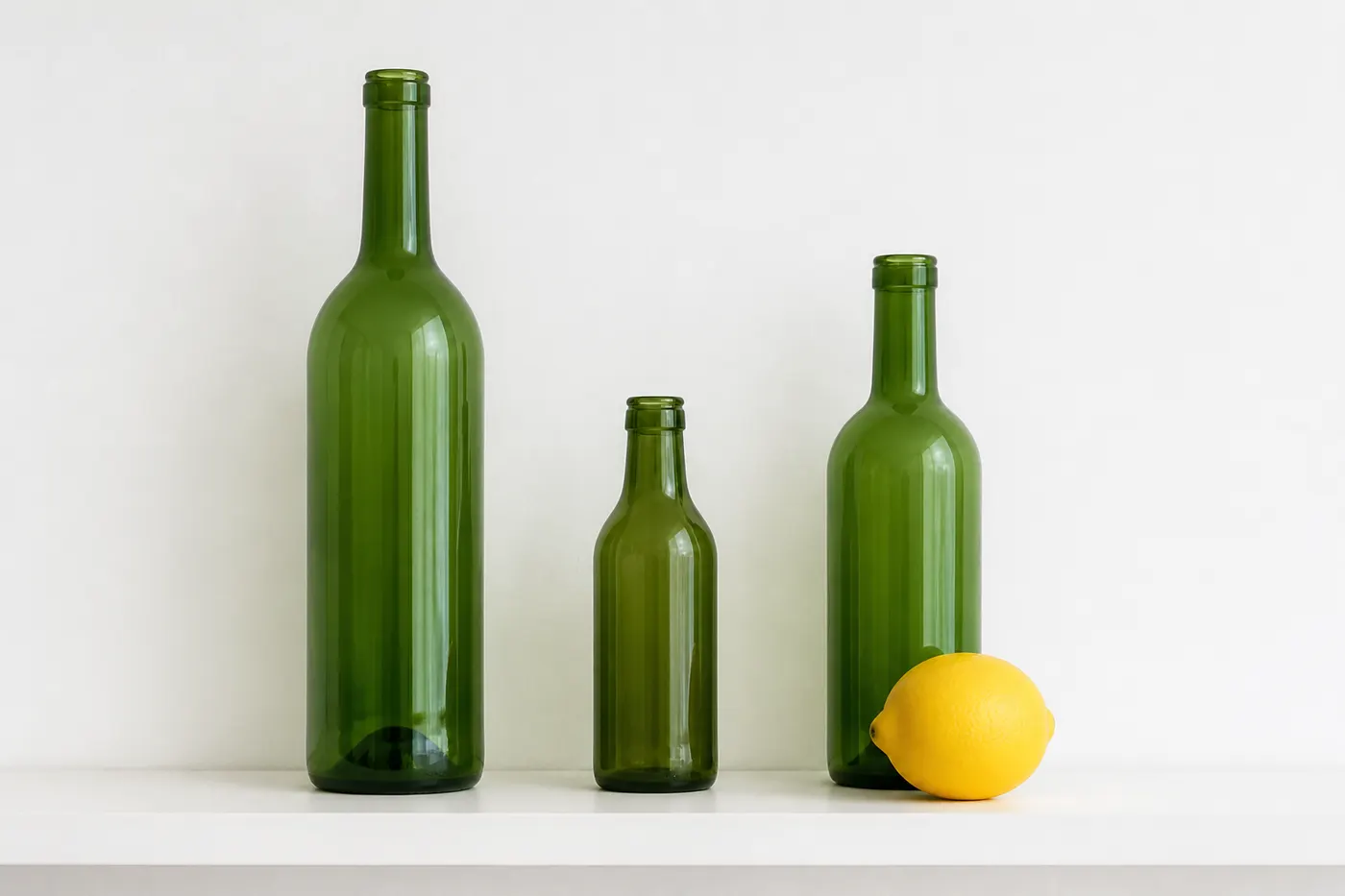 GPT Image 2: Exactly three green glass bottles standing on a white shelf. The tallest bottle on the left, the shortest in the middle, and a single yellow lemon on the shelf in front of the right-hand bottle. Plain white wall, soft even light.