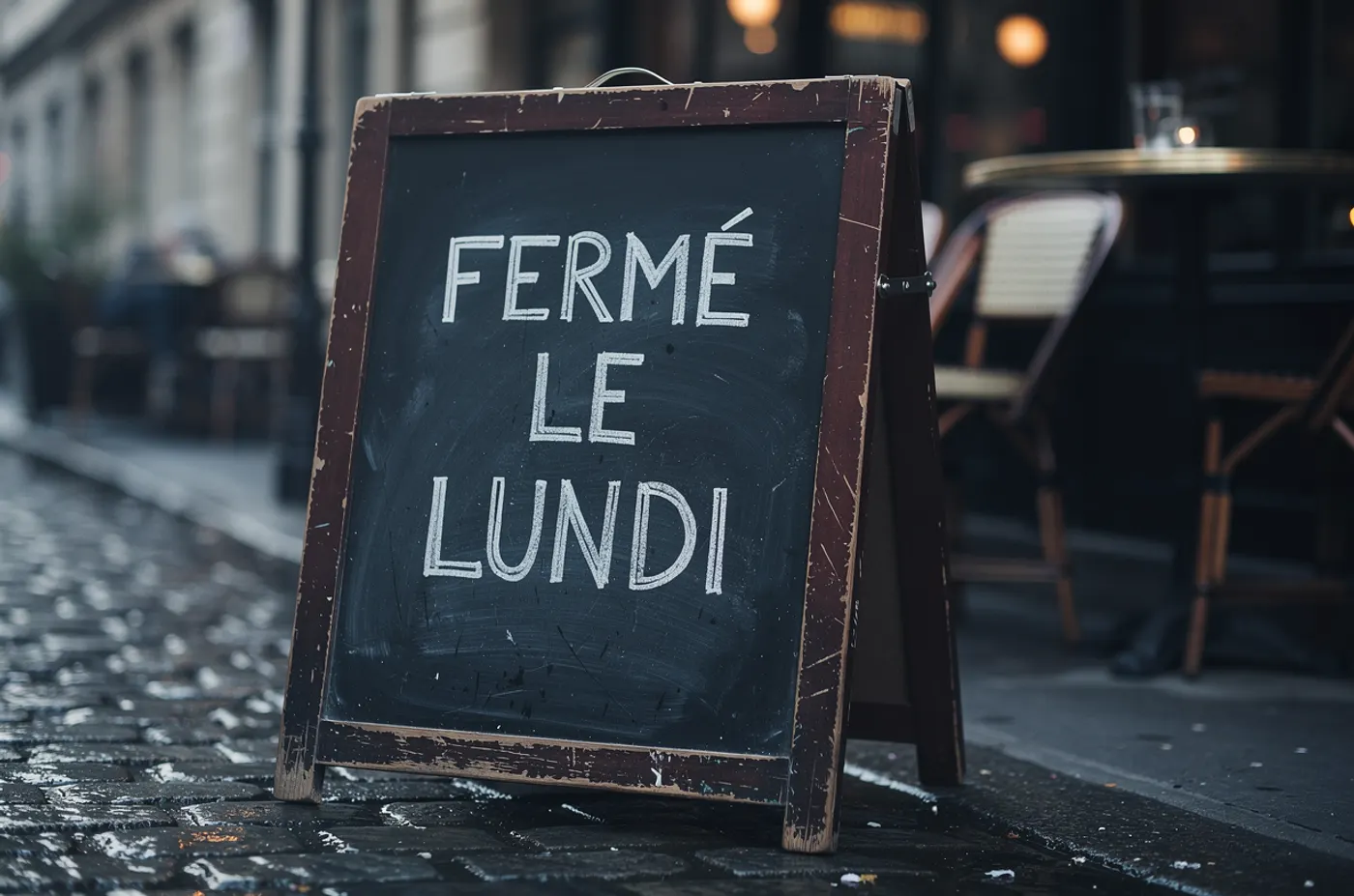 FLUX.2 Pro: A hand-lettered chalkboard sign propped on the pavement outside a Paris café. The board reads FERMÉ LE LUNDI in white chalk capitals. Morning light, wet cobblestones, shallow depth of field.
