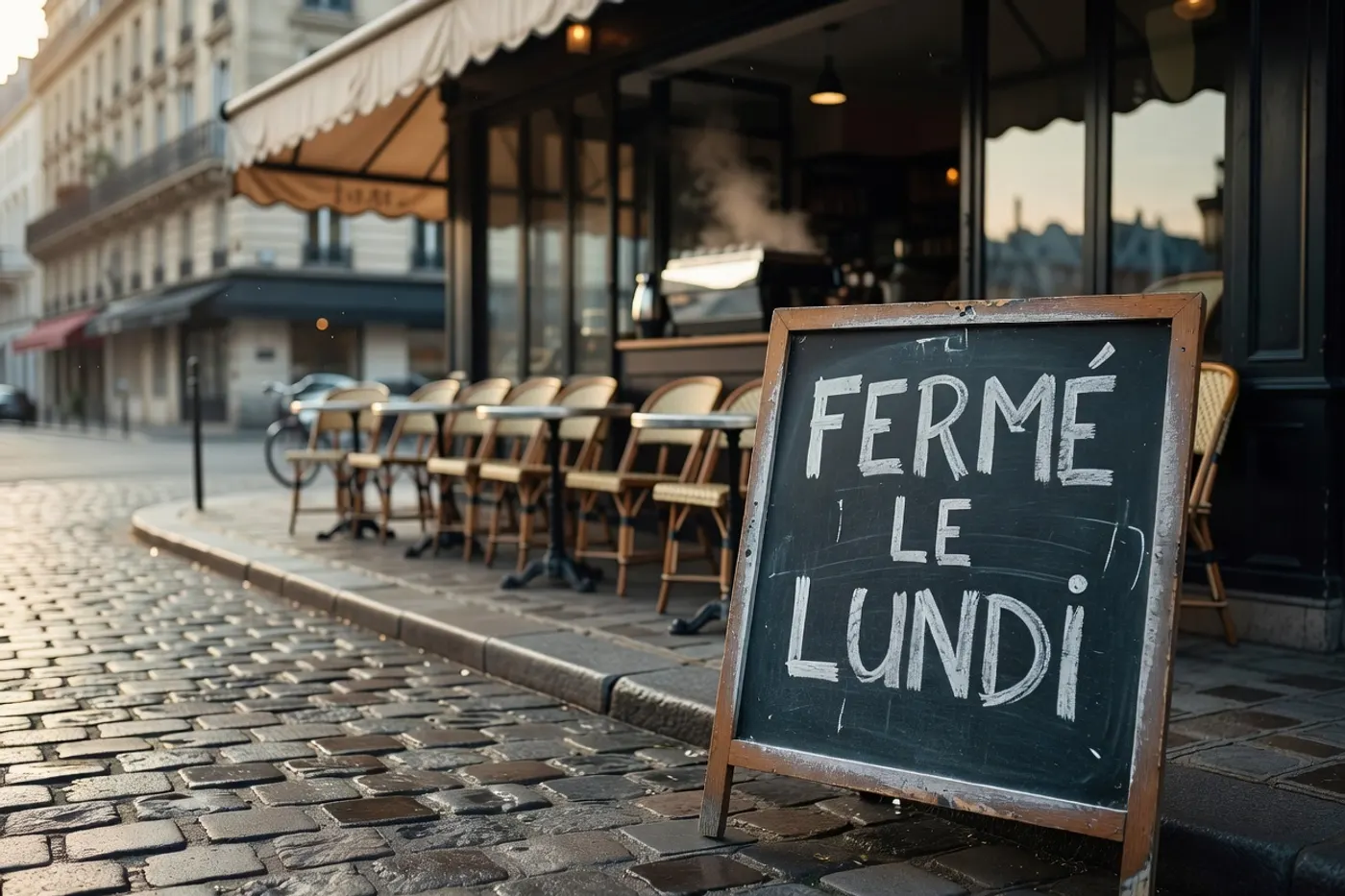 Grok Imagine Image: A hand-lettered chalkboard sign propped on the pavement outside a Paris café. The board reads FERMÉ LE LUNDI in white chalk capitals. Morning light, wet cobblestones, shallow depth of field.