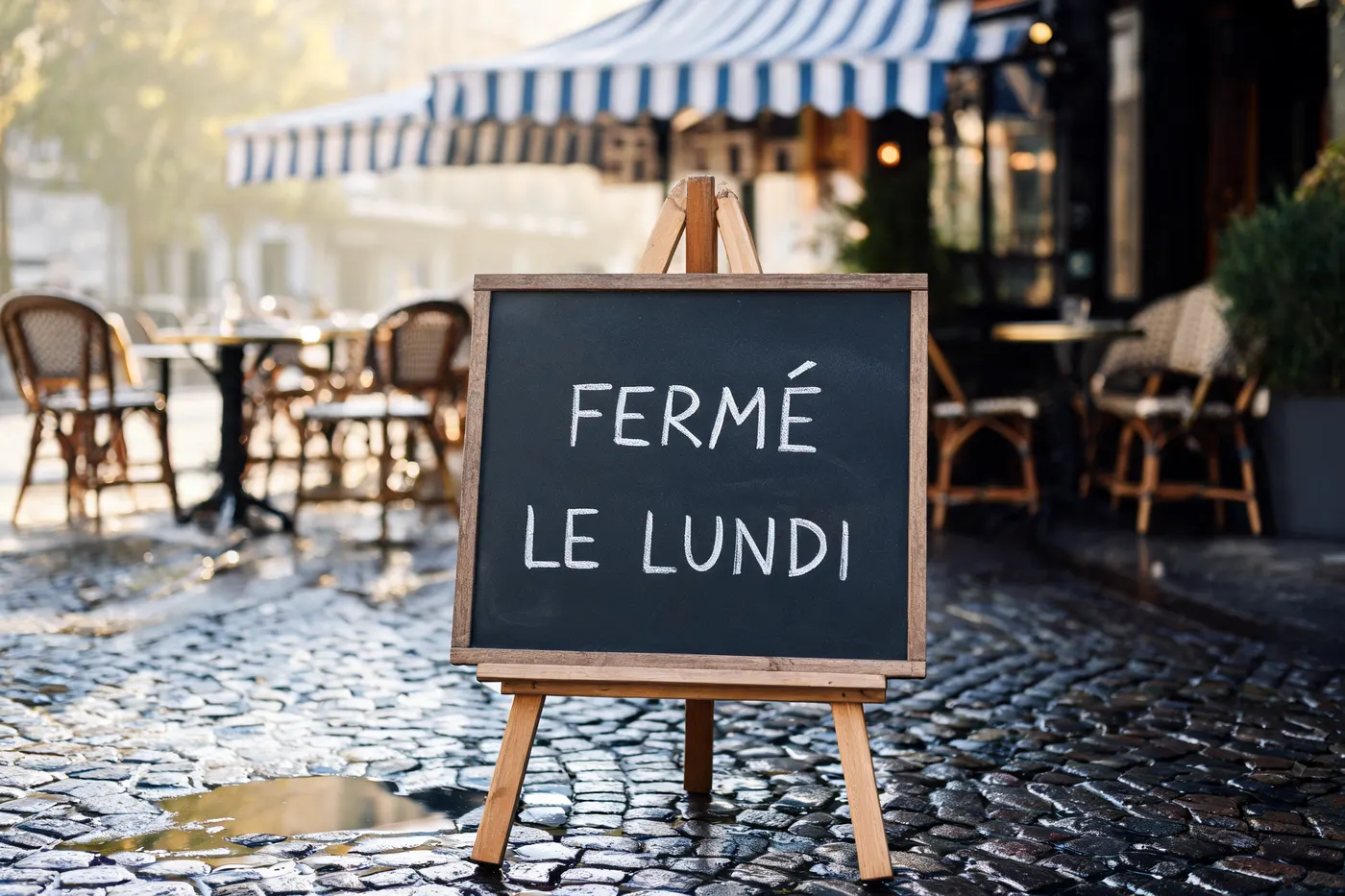 Seedream 5 Lite: A hand-lettered chalkboard sign propped on the pavement outside a Paris café. The board reads FERMÉ LE LUNDI in white chalk capitals. Morning light, wet cobblestones, shallow depth of field.