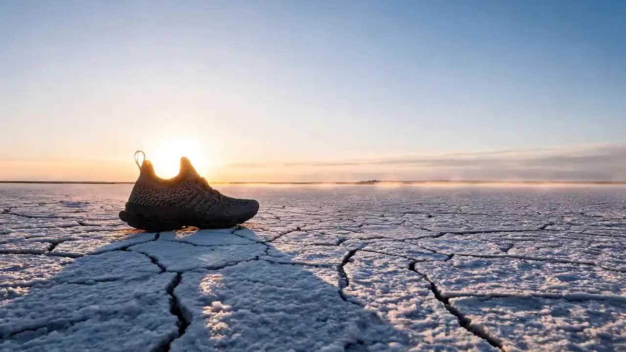 A running shoe standing on a cracked salt flat at sunrise, the low sun flaring behind it