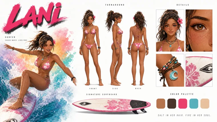 The supplied character sheet: the surfer named, a front, side and back turnaround, close details of her face, bracelets and board, and a five-swatch palette