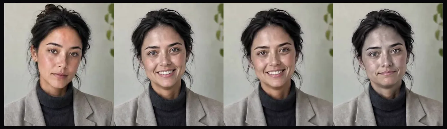 Four face crops: a take's first and last frame, then the next take's first and last frame. The middle two are identical; the fourth is grey and drawn.