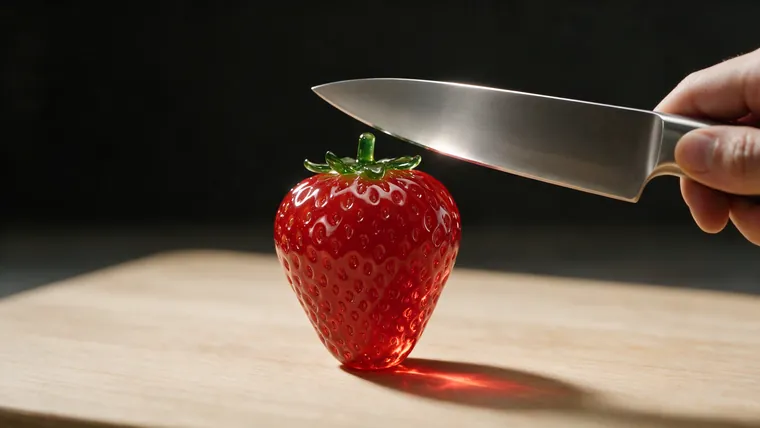 The supplied first frame: the whole glass strawberry on the board, knife not yet in shot