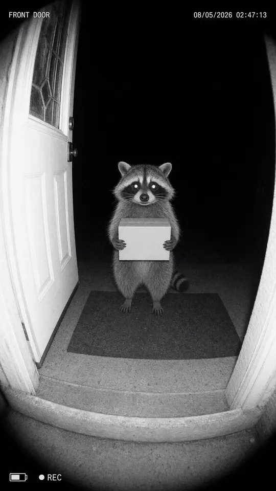 The supplied plate: an infrared porch at night, a raccoon standing on the doormat holding a white parcel, camera chrome burned into the corners