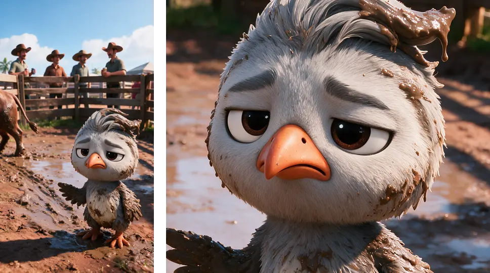 The closing frame beside a magnified crop of the chick's face: mud plastered across the crest and body, while the eyes, brows and orange beak stay clean and sharply legible.