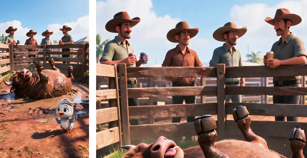 The opening frame beside a magnified crop of the four men behind the fence: two facing each other in conversation, one turned away, one holding up a drink, none of them looking down at the bull in the mud below them.