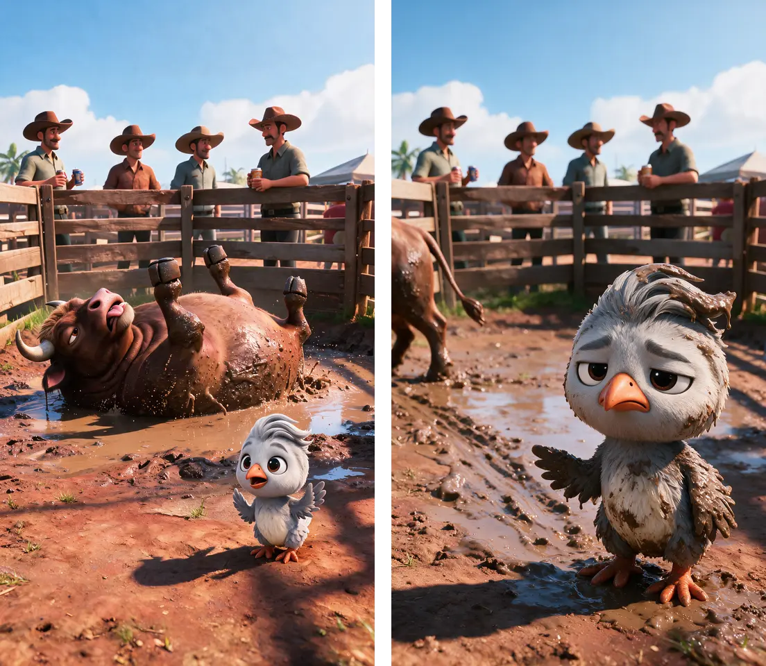 Two vertical frames side by side. Left: a bull on its back in a mud puddle with all four legs up, a small clean grey chick alarmed at the near edge, four cowboys chatting behind a fence. Right: the same chick in close-up, caked in mud, glaring at the camera while the bull walks out of frame at the left.