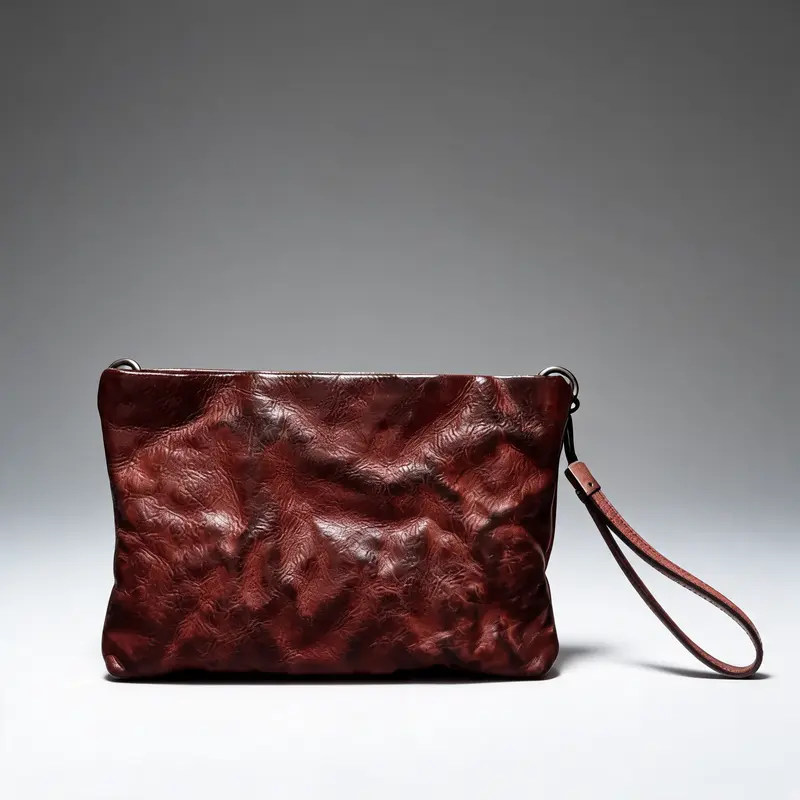 A grained oxblood leather clutch photographed three-quarter on a clean white studio background with a soft drop shadow