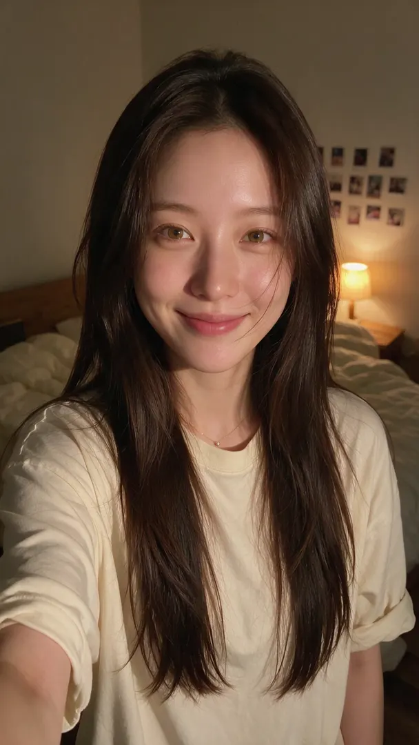 A woman holding the camera at arm's length in a lamplit bedroom, talking to it