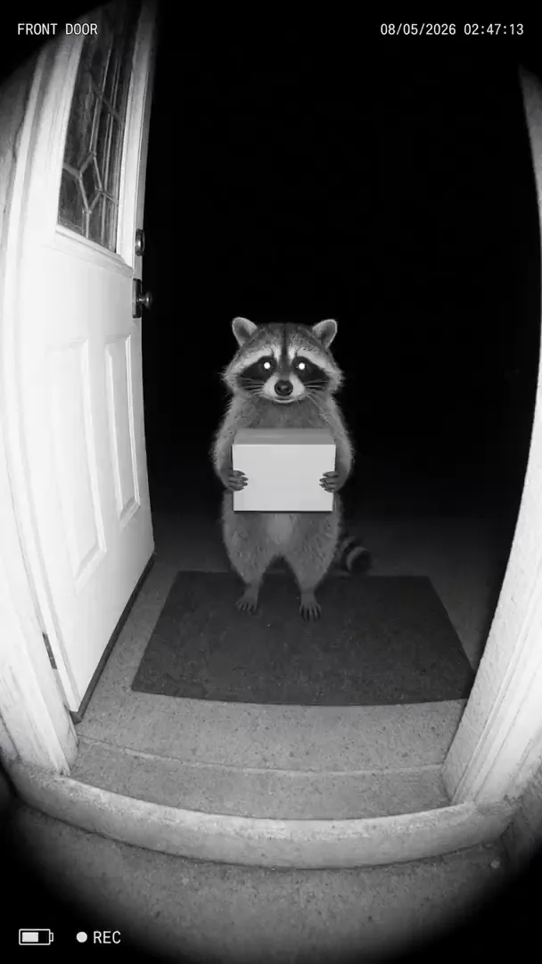 A doorbell camera's night view of a raccoon standing on the mat holding a parcel, timestamped 02:47