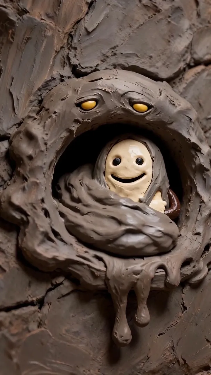A clay office worker over a mug, then a clay cave where sludge fills glowing sockets and a grinning impostor plugs one without lighting it, then the sludge flooding his office