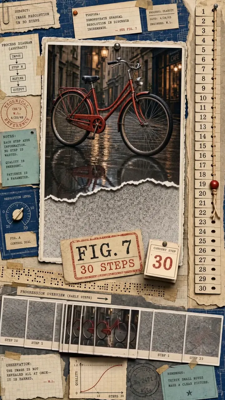 A scrapbook explainer page: a photo of a red bicycle over a torn edge, a numbered thirty-step index and a process diagram
