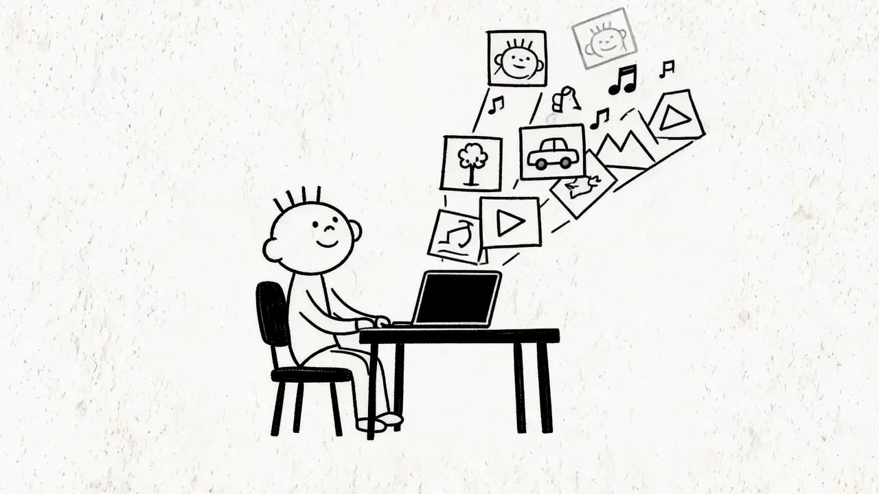 A hand-drawn stick figure at a desk, a fan of small framed pictures pouring out of his laptop screen