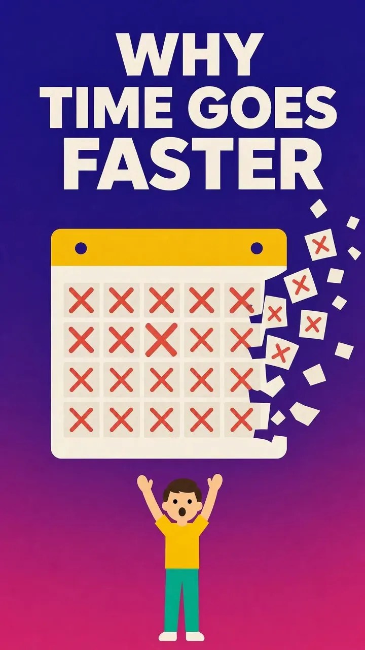 A flat vector calendar crossing itself out and blowing away, then a balance scale weighing one year against every year before it, two bars divided into five fat segments and fifty hairlines, and a figure stepping out of grey doorways onto a bright path