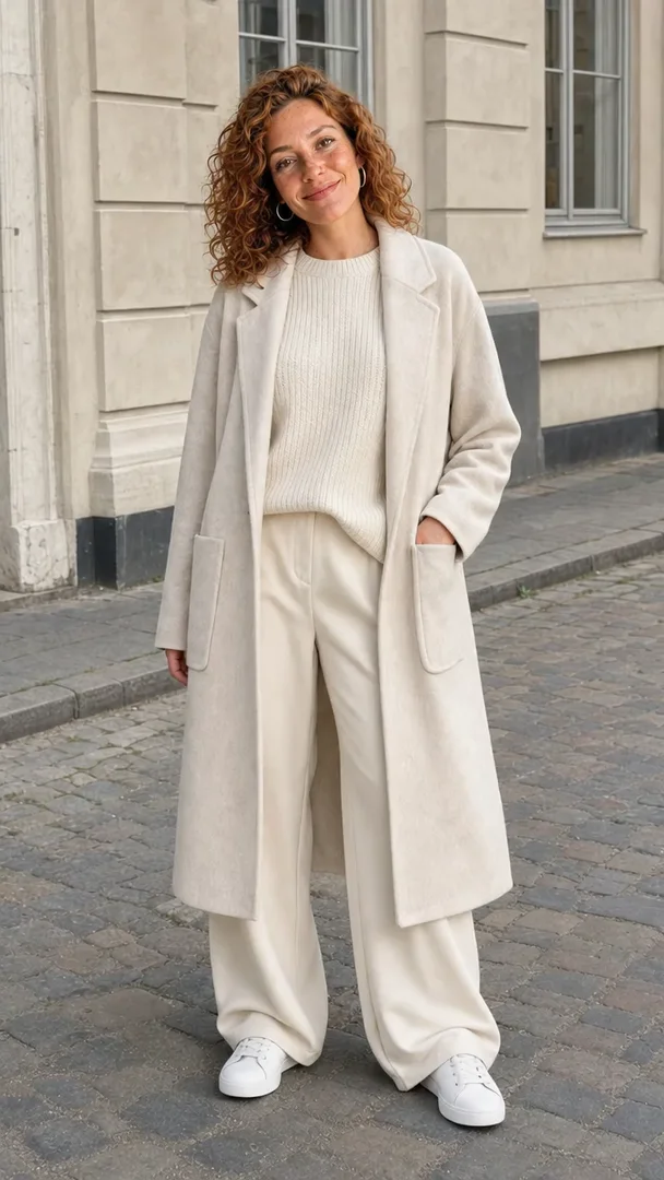 A creator in a cream wool coat walking toward the camera down a cobbled street