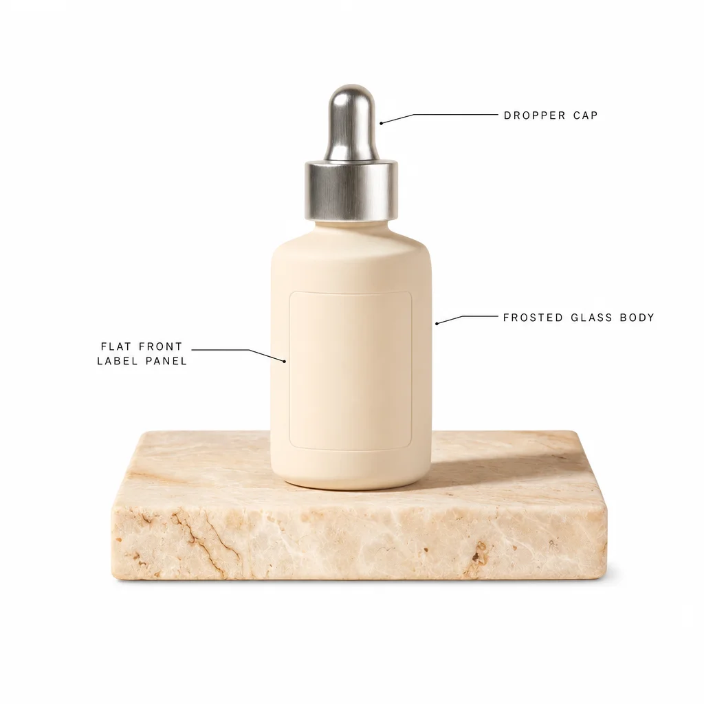 A cream serum bottle on a travertine plinth with three thin leader lines naming its dropper cap, frosted glass body and flat front label panel