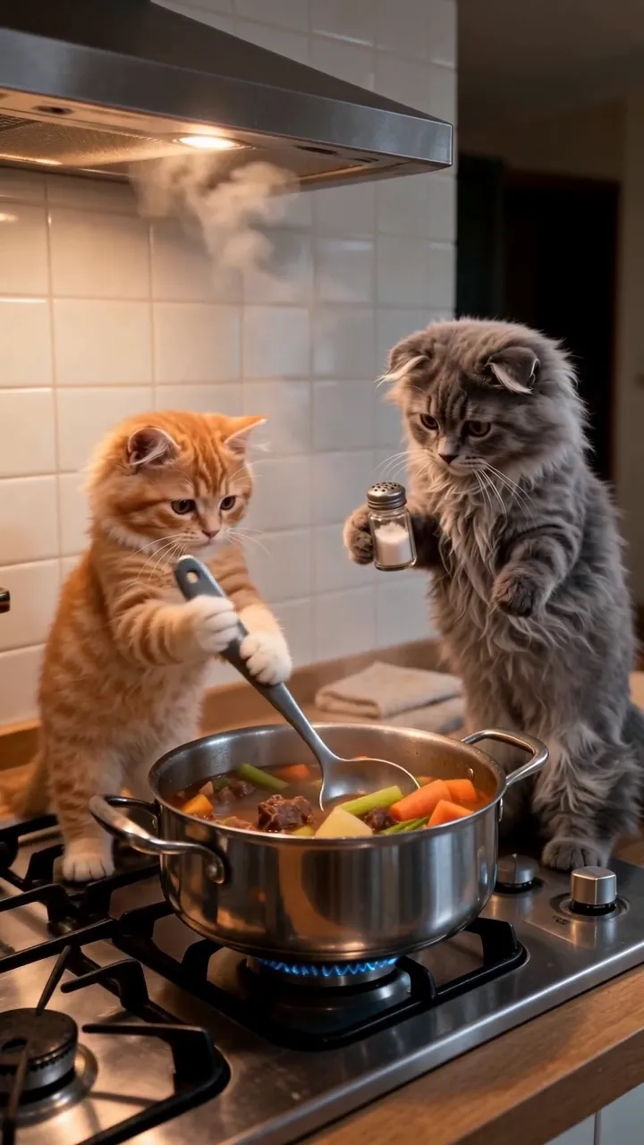 Two kittens cooking a stew at a gas hob, then laying a table for three, then eating beside one untouched bowl