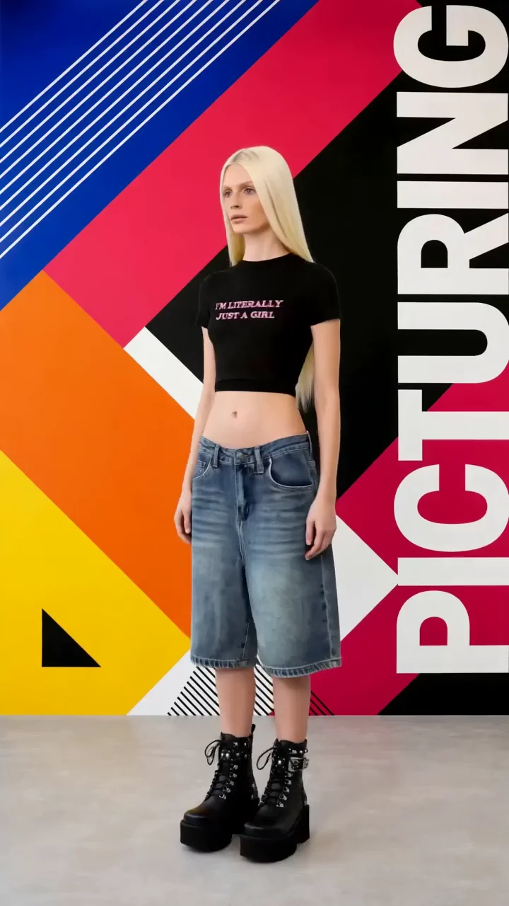 A model in a cropped tee and denim shorts on a bold geometric studio wall