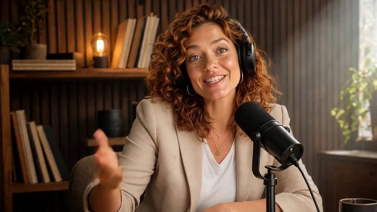 A podcast host mid-sentence at a studio microphone, one hand open, in a warm wood-panelled room with a lit shelf behind her