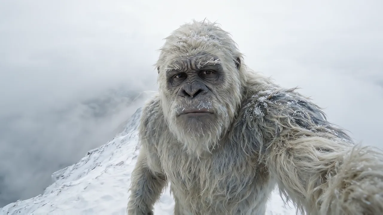 A yeti on a snowy ridge holding his own camera at arm's length, talking into it
