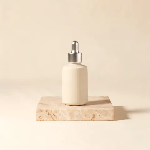 A plain cream ceramic serum bottle with a brushed aluminium dropper cap, standing on a travertine block against a warm beige backdrop