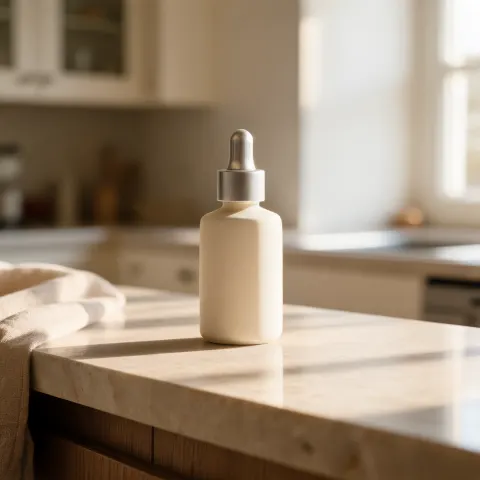 The same bottle standing on a marble kitchen counter in low morning sun, a linen cloth beside it