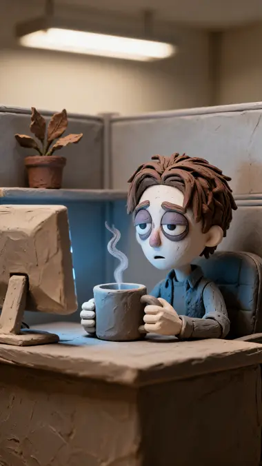 A clay office cubicle: Derek slumped at his desk with both hands round an oversized mug, the monitor glowing weakly on his face.