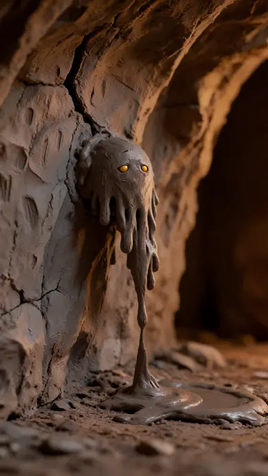Grey-brown clay sludge seeping out of a crack high in a cave wall and running down it in heavy lobes.