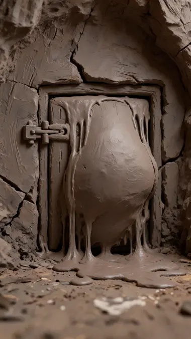 A heavy clay door bowed outward in its cracked frame, sludge squeezing through every seam around it.